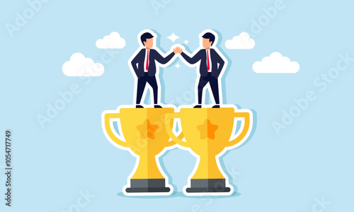 Two businessmen shaking hands on top of two trophies, illustration of partnership agreement between partners to become the top business
