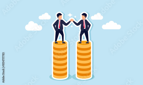 Two businessmen shaking hands on a stack of coins, illustration of an agreement between investors to invest in a profitable and attractive business