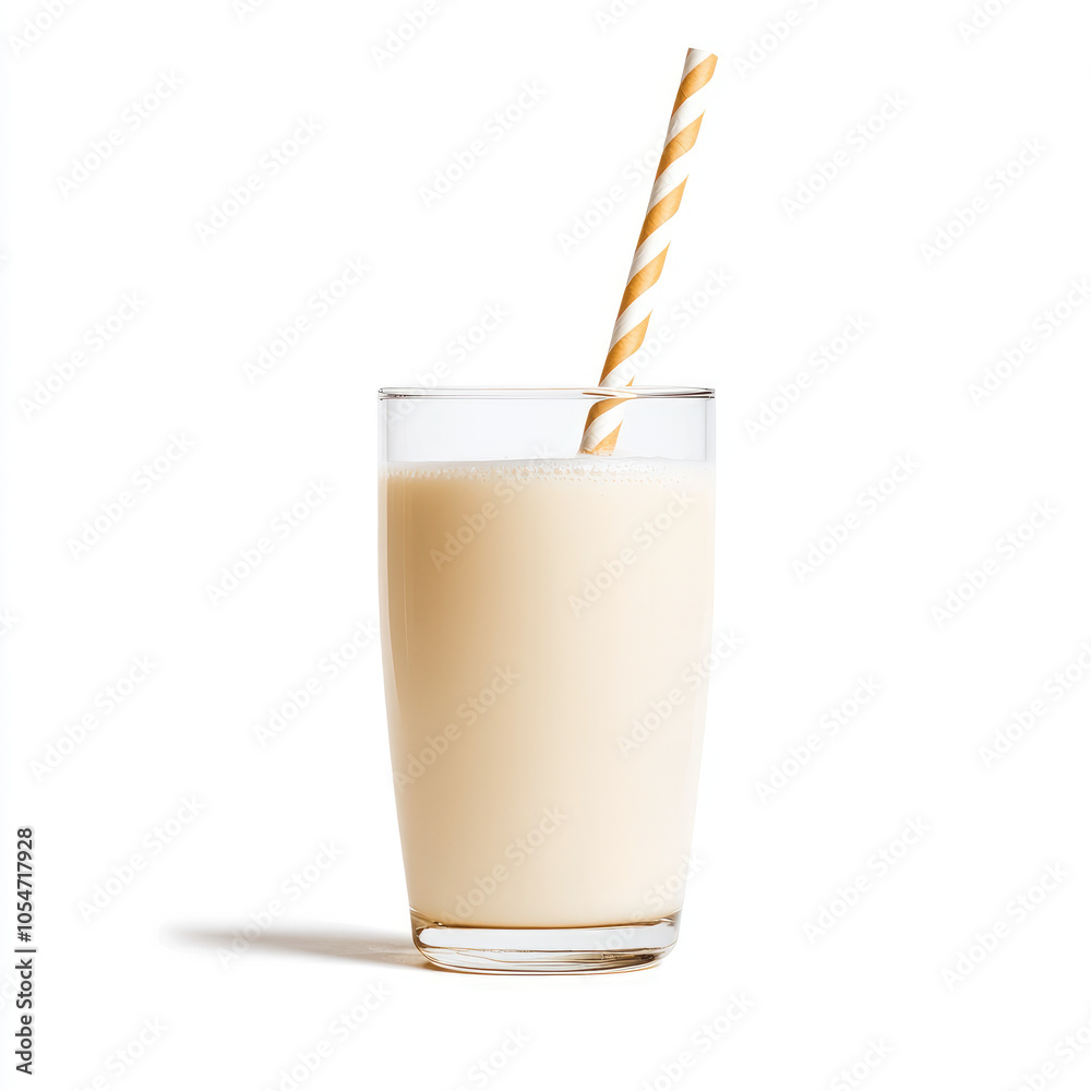 refreshing glass of milk with striped straw, perfect for simple and delightful drink. This captures essence of classic beverage enjoyed by many