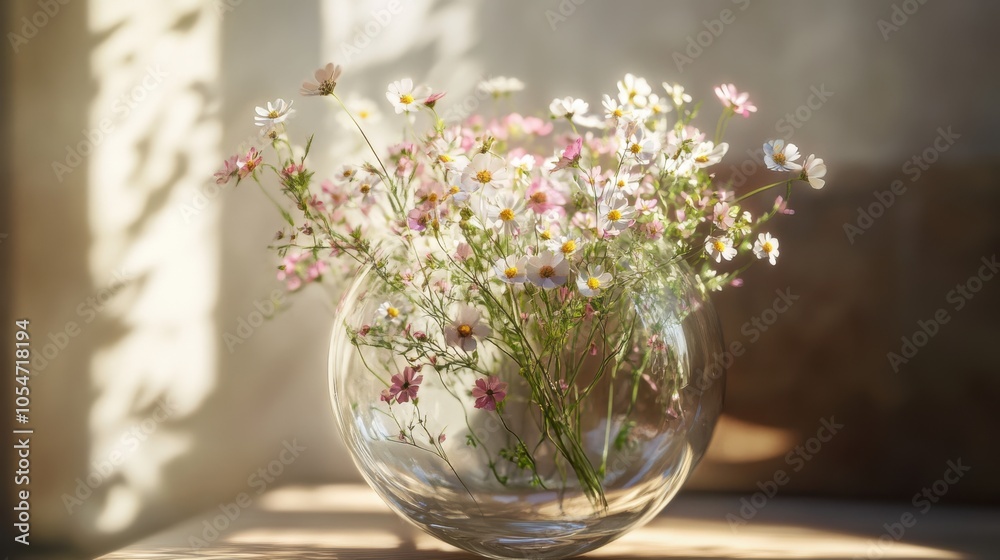 Fototapeta premium Delicate wildflowers in a crystal-clear glass container, radiating charm and warmth