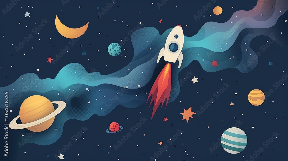 Colorful Flat Design of a Rocket Ship in Space Colorful Flat Design of a Rocket Ship in Space