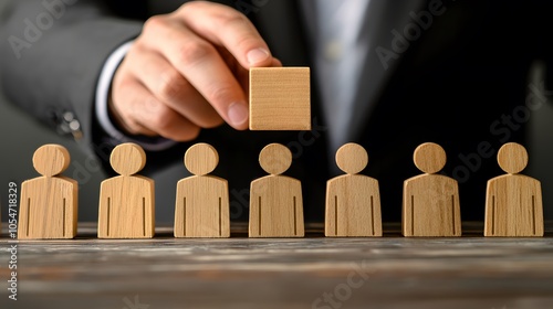 Businessman holds a wooden block in his hands. The concept of personnel selection and management within the team. Dismissal and hiring people to work. Human Resource Management. Leader selection. 