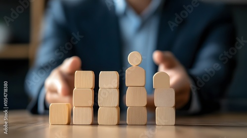 Businessman holds a wooden block in his hands. The concept of personnel selection and management within the team. Dismissal and hiring people to work. Human Resource Management. Leader selection. 