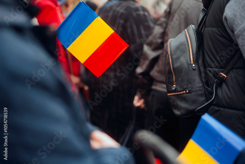 People Waving Flags at the Great Union Day parade in Romania. Crowd marching and celebrating the national Romanian day 
 photo