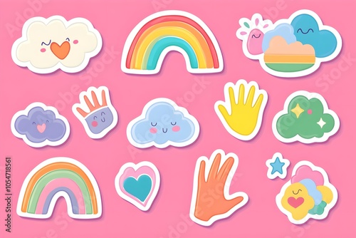 Happy Pride LGBTQ element set. LGBTQ community symbols with star, speech bubbles, flower, heart. Elements illustrated for pride month, bisexual, transgender, gender equality, sticker, rights concept.