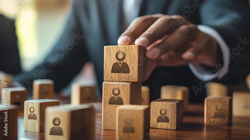 Businessman holds a wooden block in his hands. The concept of personnel selection and management within the team. Dismissal and hiring people to work. Human Resource Management. Leader selection. 