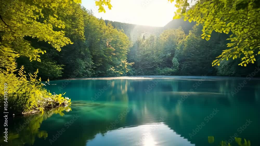 A serene lake nestled in a lush forest, bathed in the golden light of sunrise A serene lake nestled in a lush forest, bathed in the golden light of sunrise