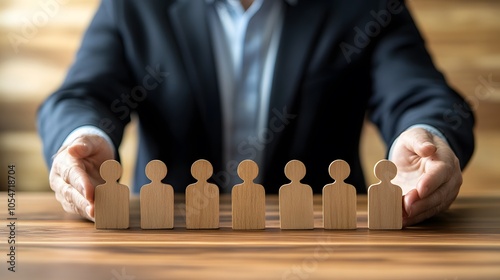 Businessman holds a wooden block in his hands. The concept of personnel selection and management within the team. Dismissal and hiring people to work. Human Resource Management. Leader selection. 
