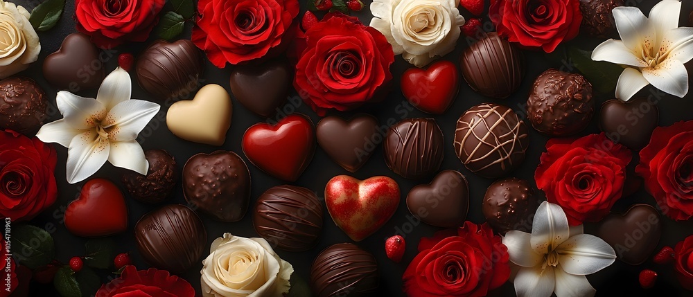 Elegant close up of assorted chocolates in heart shapes with red roses and white lilies artfully arranged around them creating a visually stunning and romantic display for a special occasion or gift Elegant close up of assorted chocolates in heart shapes with red roses and white lilies artfully arranged around them creating a visually stunning and romantic display for a special occasion or gift