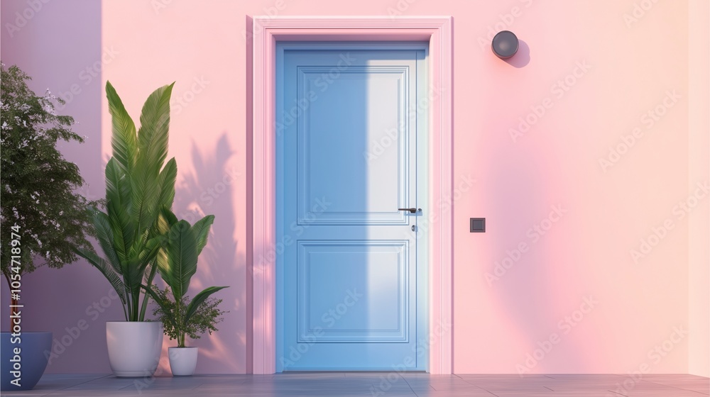 Smart home automation in daily life, front door with smart doorbell and motion-sensing light, soft pastel design emphasizing simplicity and technology Smart home automation in daily life, front door with smart doorbell and motion-sensing light, soft pastel design emphasizing simplicity and technology