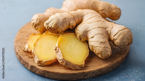 Sliced ginger root on a wooden board in a pastel toned natural essence  The ginger s warm earthy hues and anti inflammatory properties make it a popular health food ingredient photo