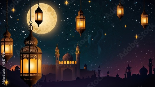 Background design with ramadan theme, with illustrations lanterns