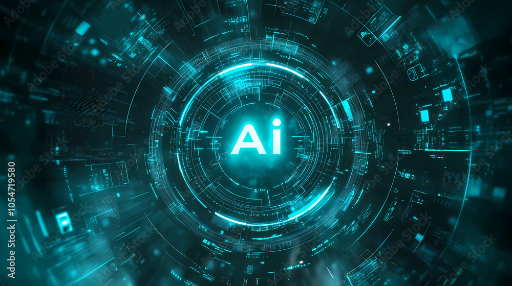 Ai - the future is now: an abstract illustration of a futuristic digital interface dominated by the glowing letters Ai - the future is now: an abstract illustration of a futuristic digital interface dominated by the glowing letters