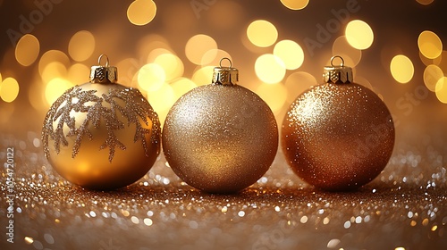 Golden Christmas Ornaments with Festive Lights and Bokeh Background.