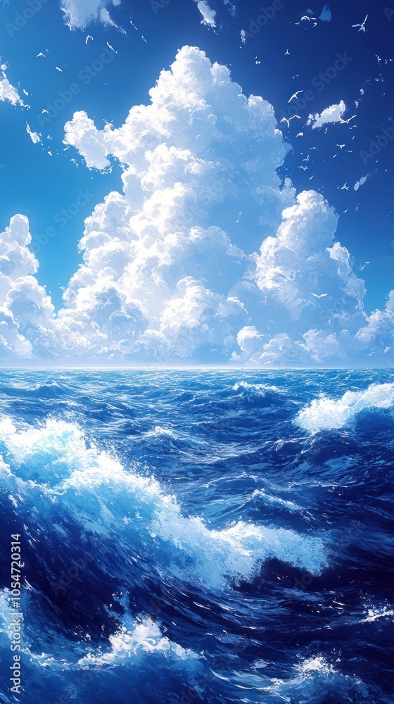A Bright Blue Sky with Fluffy White Clouds Above a Dark Blue Sea with Whitecaps