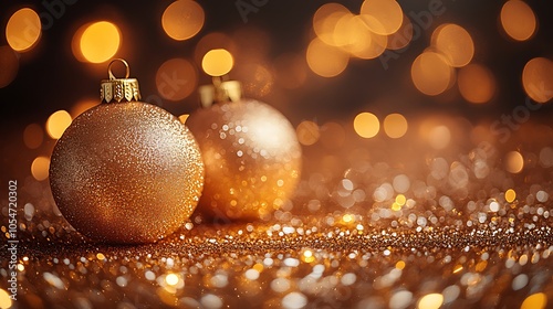Golden Christmas Ornaments with Festive Lights and Bokeh Background.