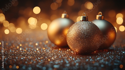 Golden Christmas Ornaments with Festive Lights and Bokeh Background.