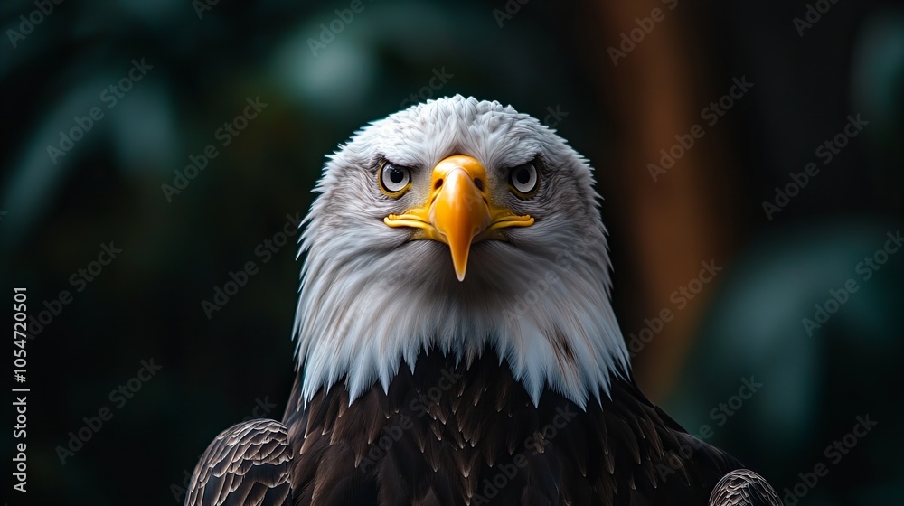 Fototapeta premium A majestic bald eagle stares intensely into the camera, its sharp eyes and powerful beak commanding attention.