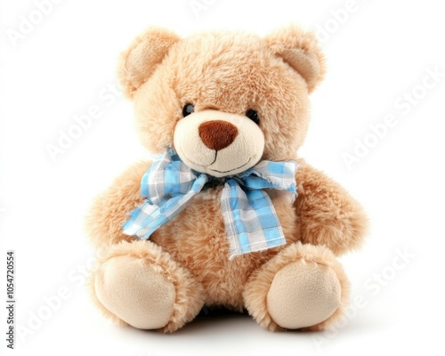 Adorable teddy bear with a blue and white bow tie, sitting on a white background.