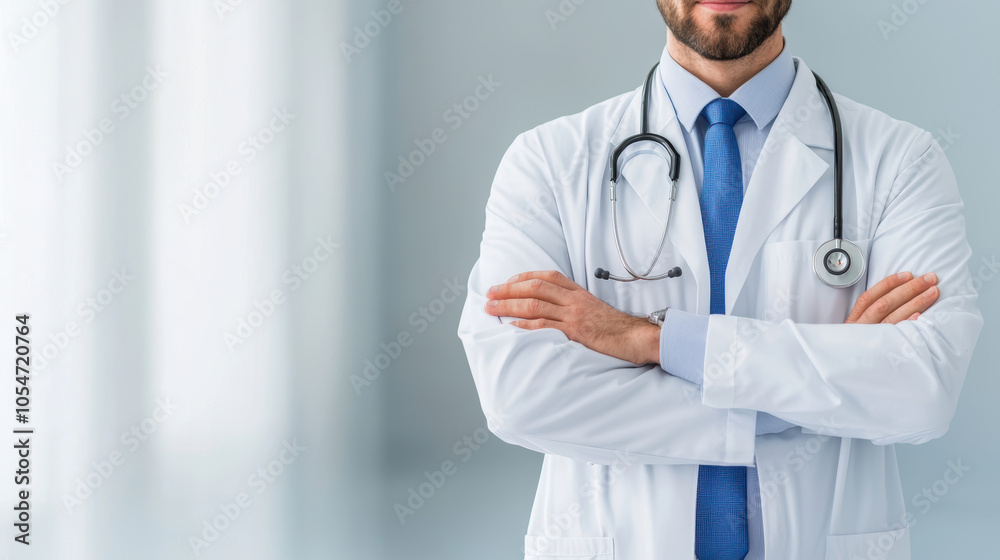 Confident doctor stands with arms crossed, wearing white coat and stethoscope, symbolizing professionalism in medical setting Confident doctor stands with arms crossed, wearing white coat and stethoscope, symbolizing professionalism in medical setting