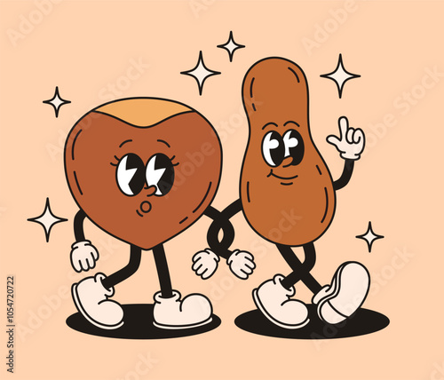 Set of groovy nuts characters. Peanuts and hazelnuts. Flat vector illustration.
