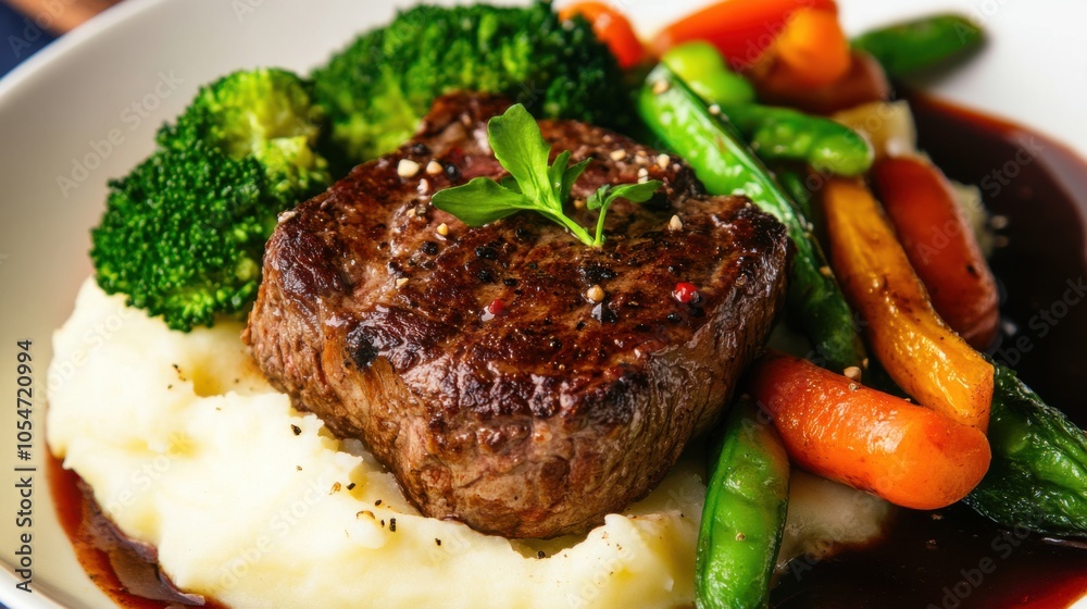 High-quality photo of a tender, juicy steak with creamy mashed potatoes and perfectly cooked High-quality photo of a tender, juicy steak with creamy mashed potatoes and perfectly cooked