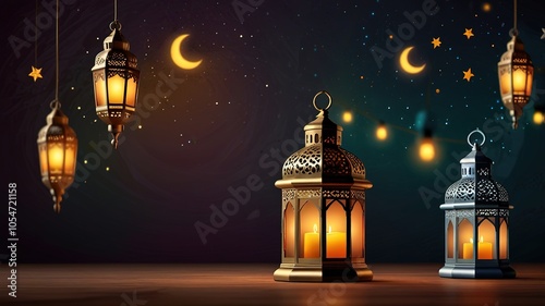 Background design with ramadan theme, with illustrations lanterns photo