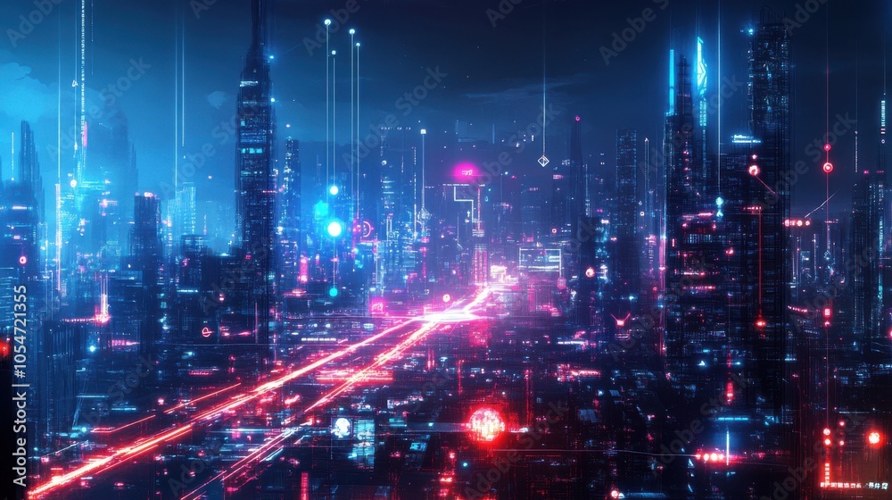 Fototapeta premium High-tech cityscape with neon lines and dots indicating AI-driven systems