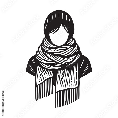 Young girl wearing warm scarf silhouette. Black and white scarf vector