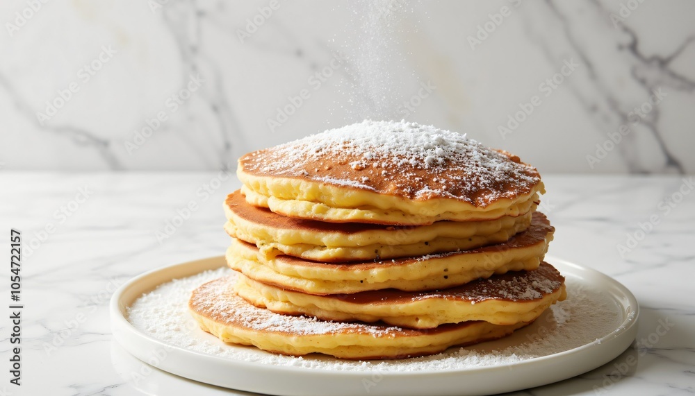 Classic pancake stack with powdered sugar on minimalist ceramic plate Classic pancake stack with powdered sugar on minimalist ceramic plate