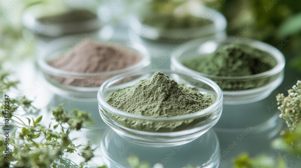 Macro view of Thai herbal remedies with their powders on a transparent backdrop Macro view of Thai herbal remedies with their powders on a transparent backdrop