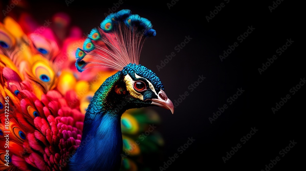 Obraz premium Close-up portrait of a peacock with vibrant blue and green feathers against a dark background.