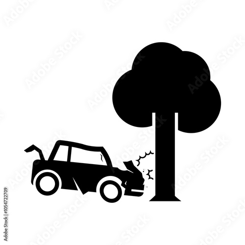 Isolated pictogram car crash on tree, vehicle street accident sign, automobile collision icon
