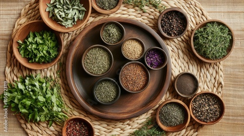 Overhead shot of a variety of herbs and spices on a woven placemat, with natural lighting