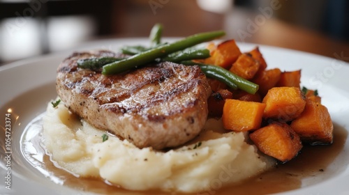 Pan-fried veal cutlets with mashed potatoes and a side of roasted sweet potatoes and green