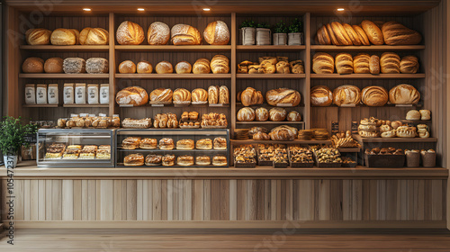 cozy bakery interior with fresh assortment, bright and inviting bakery showcasing a variety of bread and pastries with white shades, detailed, png