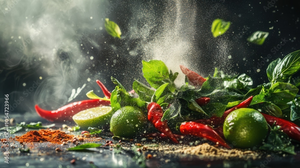Photorealistic close-up of Thai herbs with their powdered counterparts on a transparent