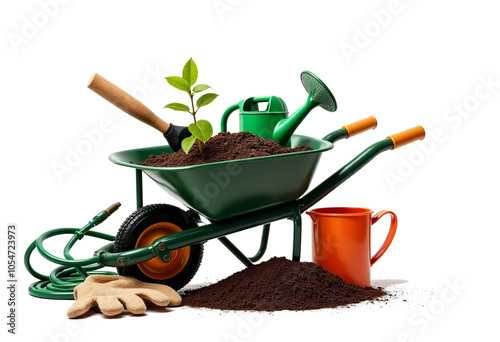 Vibrant Gardening Tools Collection: Wheelbarrow, Gloves, and Watering Can Captured in Sharp Focus for Enthusiastic Gardeners photo