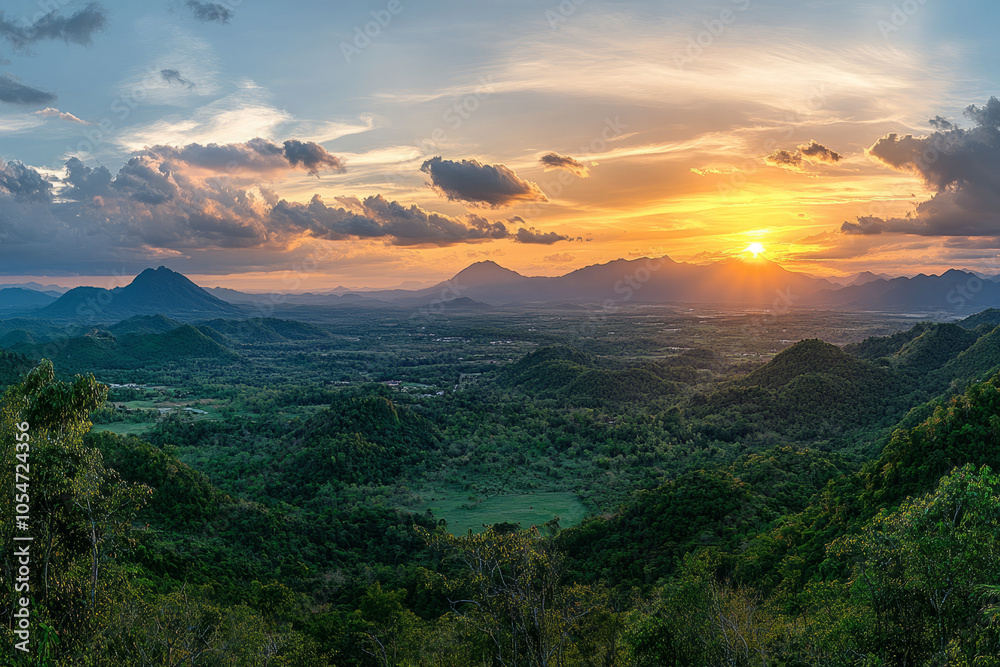 Obraz premium breathtaking sunset over majestic mountains and serene landscapes