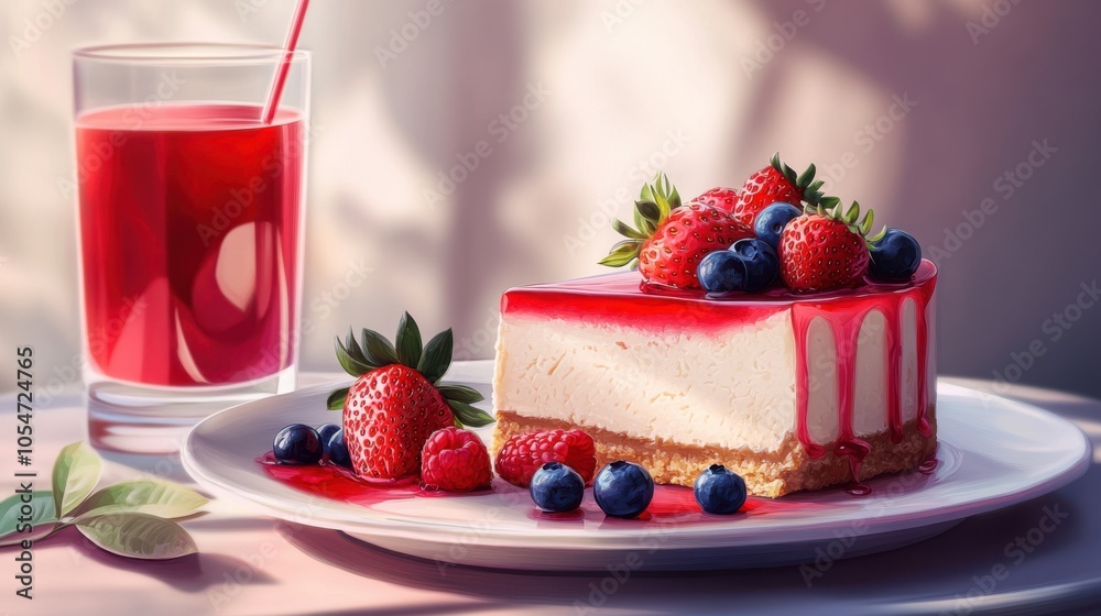Realistic image of a slice of cheesecake with vibrant strawberries, blueberries, Realistic image of a slice of cheesecake with vibrant strawberries, blueberries,