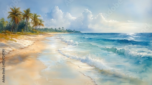 Fototapeta Naklejka Na Ścianę i Meble -  Watercolor painting of a serene tropical beach, with palm trees swaying in the breeze and soft pastel colors blending into the horizon.