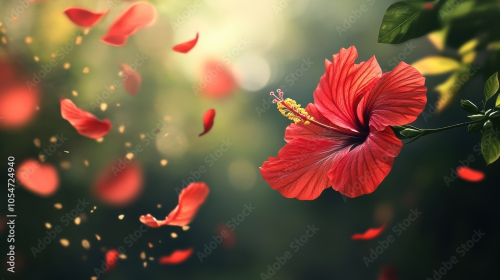 Red hibiscus petals gently scattered by a spring breeze, hovering in mid-air Red hibiscus petals gently scattered by a spring breeze, hovering in mid-air