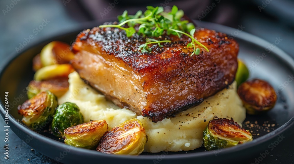 Roast pork belly with creamy mashed potatoes and roasted Brussels sprouts Roast pork belly with creamy mashed potatoes and roasted Brussels sprouts