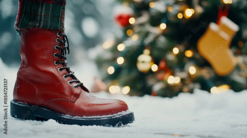 Close-up of a red boot in the snow, positioned near a decorated Christmas tree with lights and ornaments Close-up of a red boot in the snow, positioned near a decorated Christmas tree with lights and ornaments