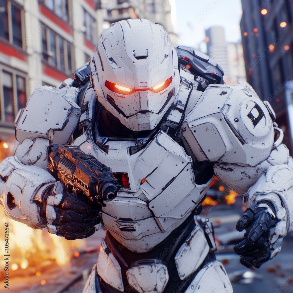 A futuristic armored soldier wielding a weapon in a cityscape. A futuristic armored soldier wielding a weapon in a cityscape.