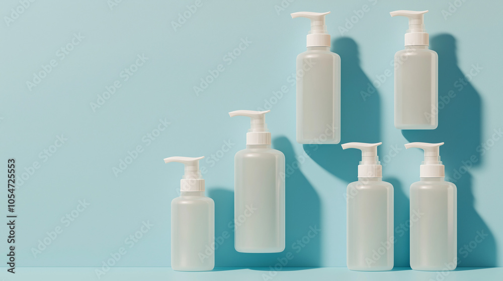 A collection of five translucent bottles with pumps is arranged in a visually appealing manner on a soft blue backdrop, showcasing their modern design A collection of five translucent bottles with pumps is arranged in a visually appealing manner on a soft blue backdrop, showcasing their modern design