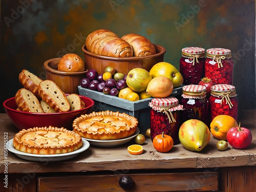 Celebrate the abundance of nature with a colorful harvest of breads and jams, digital painting of still life concept.