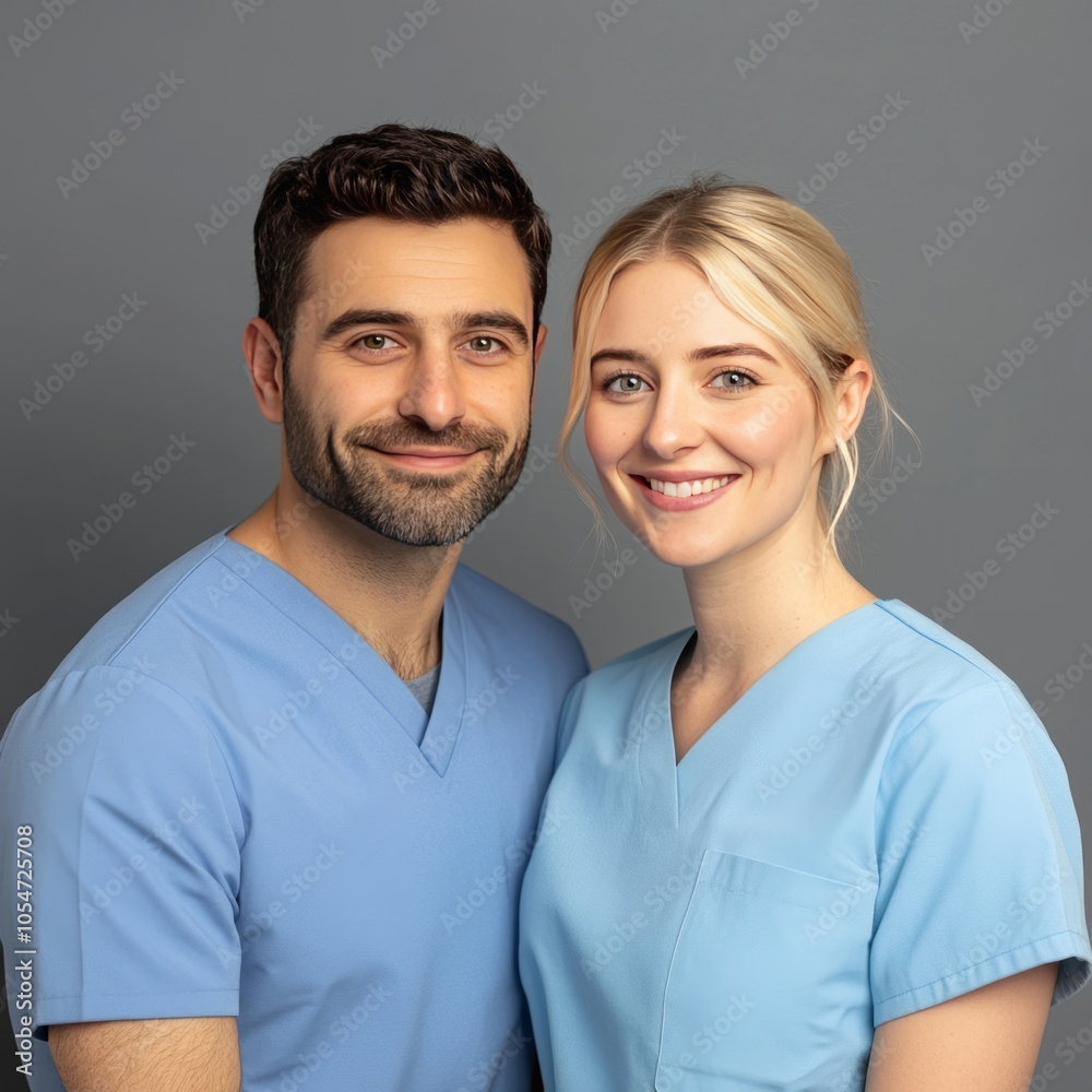 Two smiling healthcare professionals in scrubs posing together. Two smiling healthcare professionals in scrubs posing together.