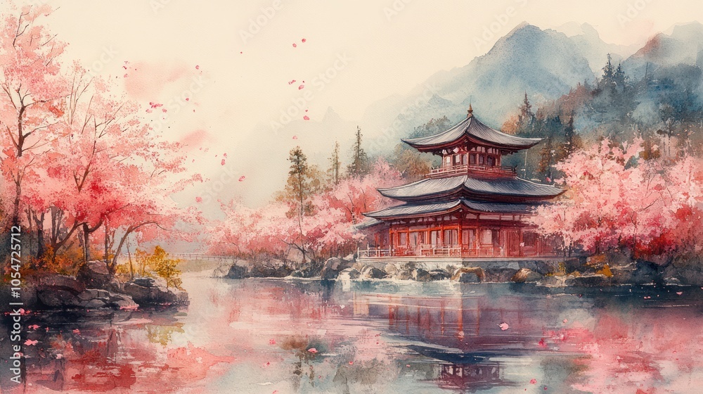 Obraz premium Watercolor painting of a traditional Japanese garden with cherry blossoms in full bloom, soft pinks and greens.