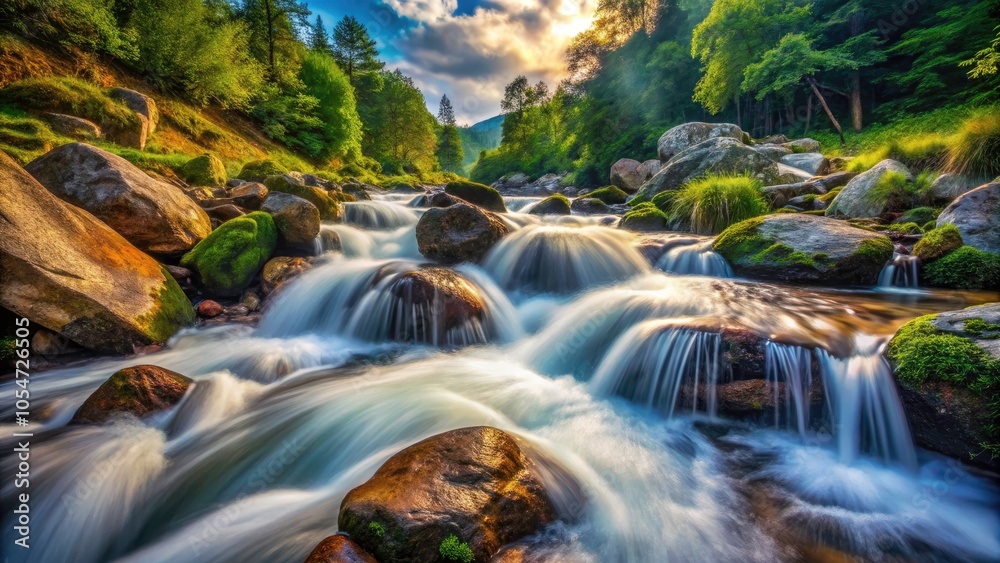 Obraz premium Cascading Water in Rocky Stream: A Stunning Landscape of Nature's Flowing Beauty